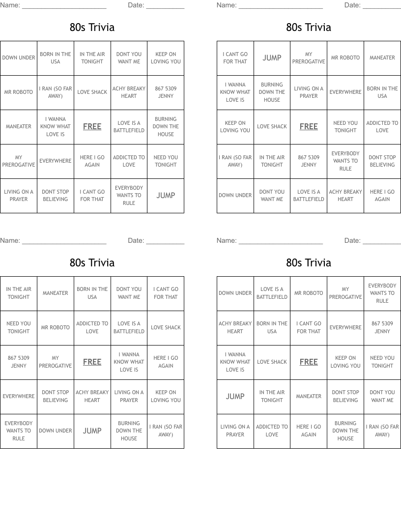 80s Trivia  Bingo Cards