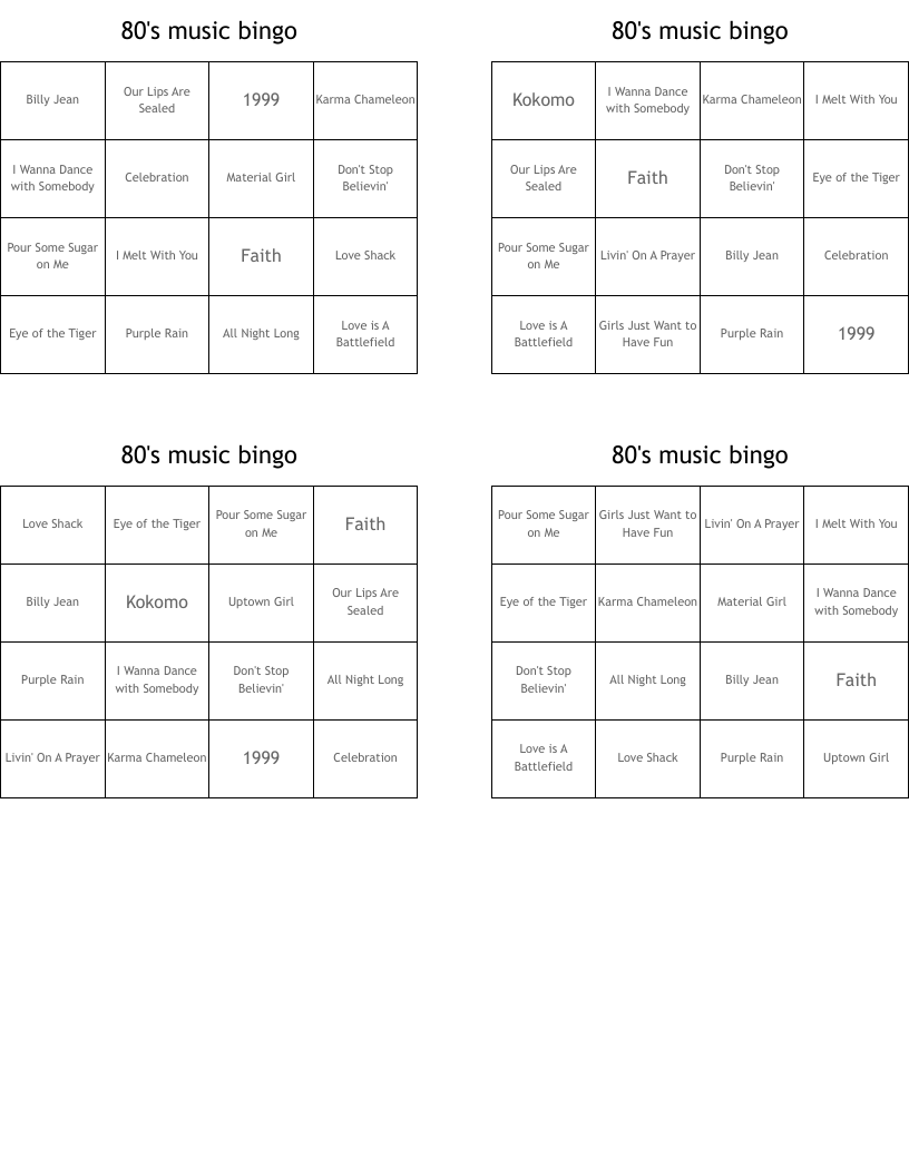 80's music bingo