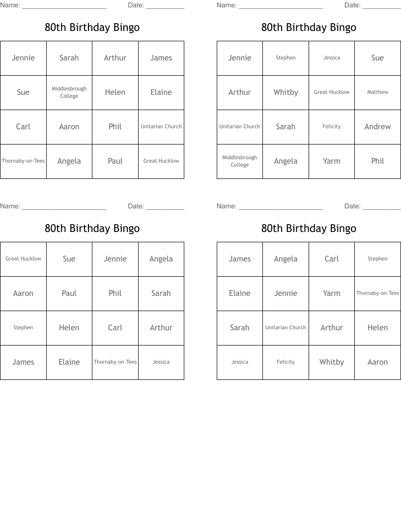 80th Birthday Bingo