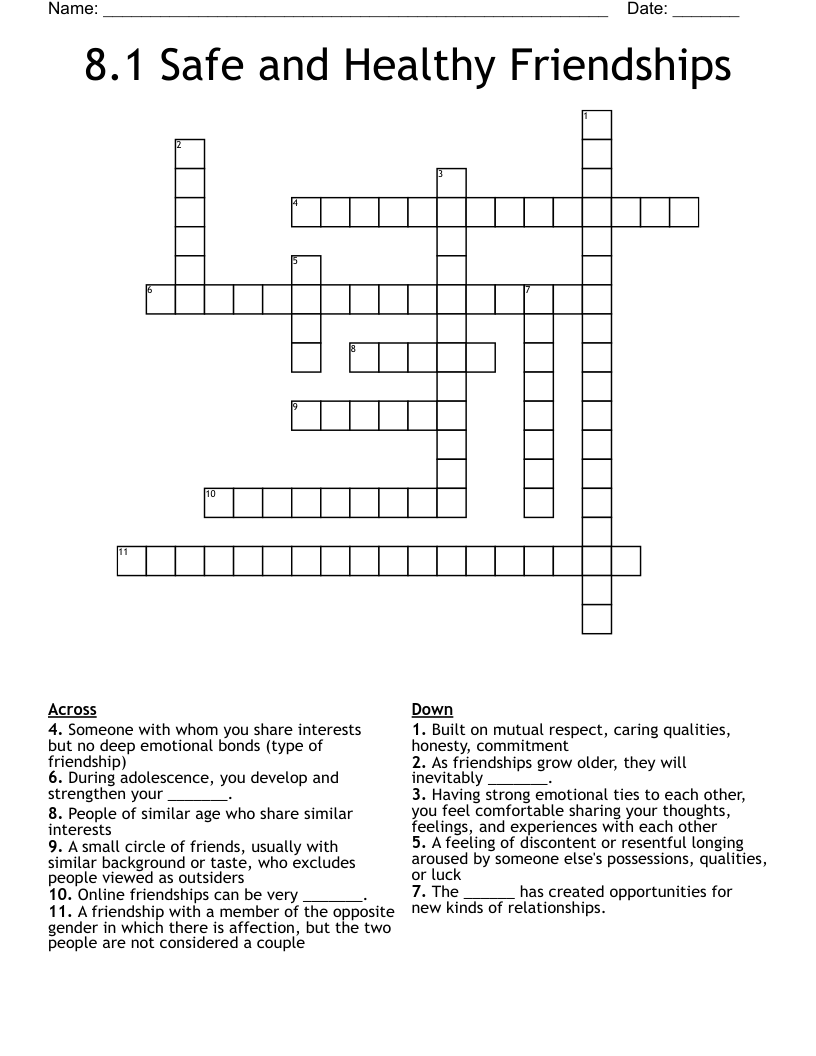 8.1 Safe and Healthy Friendships Crossword