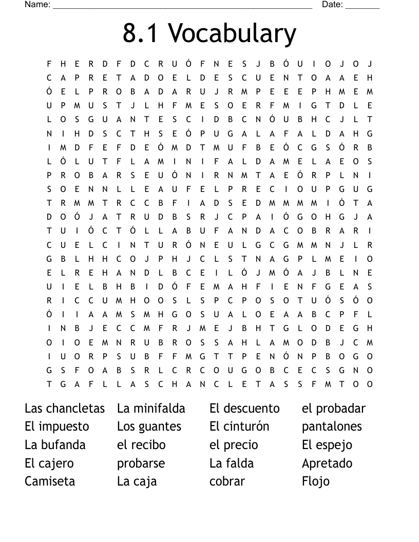 8.1 Vocabulary  Word Search