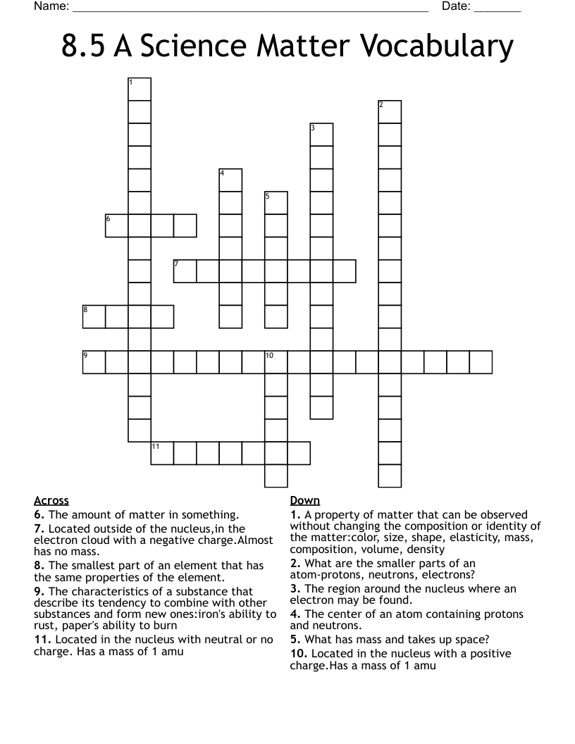 8.5 A Science Matter Vocabulary Crossword