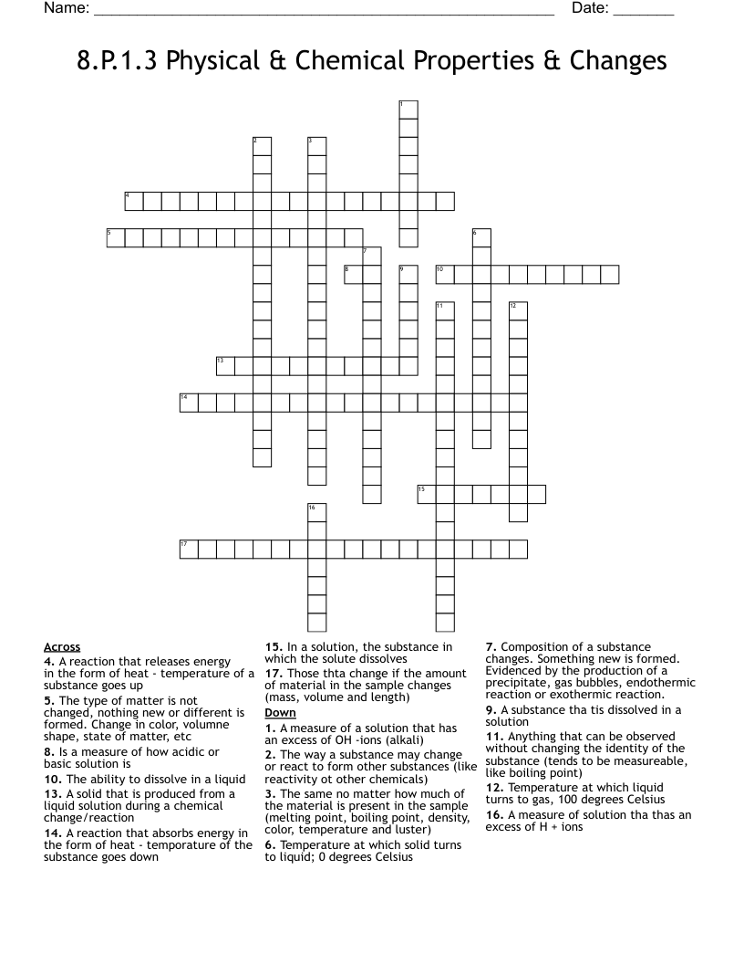 8.P.1.3 Physical & Chemical Properties & Changes Crossword