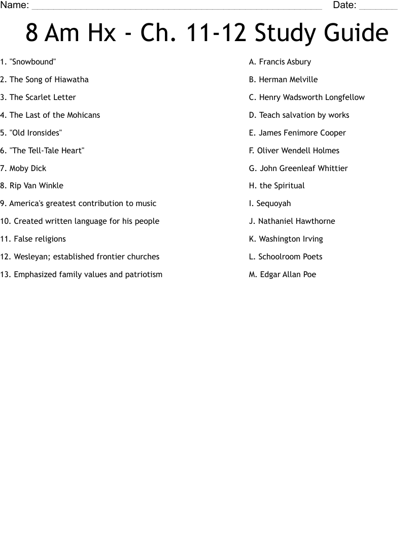 8 Am Hx - Ch. 11-12 Study Guide  Worksheet