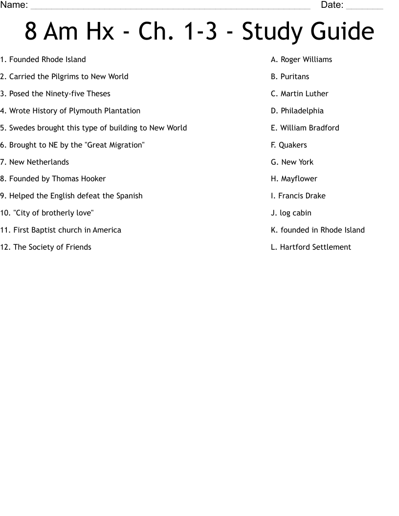 8 Am Hx - Ch. 1-3 - Study Guide  Worksheet