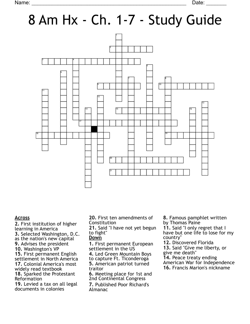 8 Am Hx - Ch. 1-7 - Study Guide  Crossword