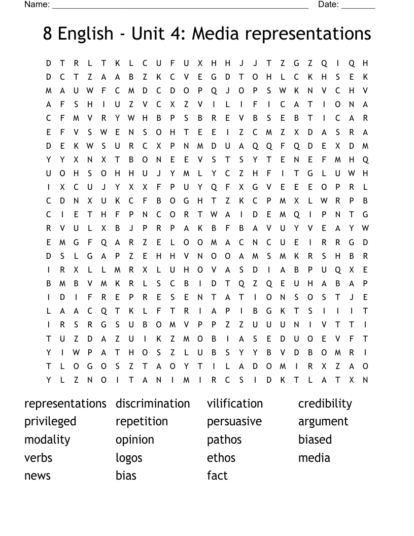 8 English - Unit 4: Media representations Word Search