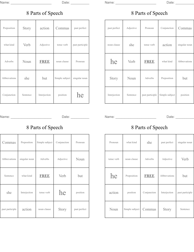 8 Parts of Speech Bingo Cards