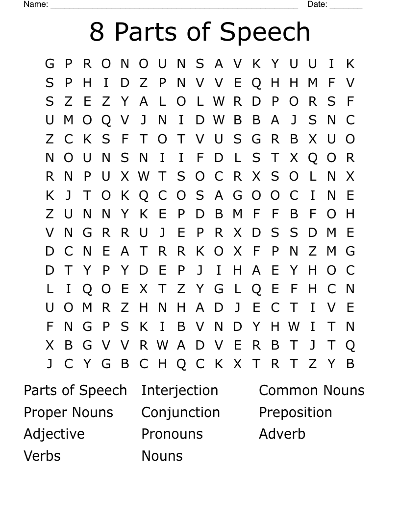 8 Parts of Speech Word Search