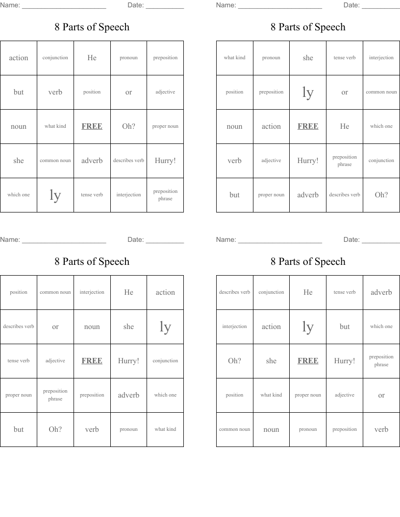 8 Parts of Speech Bingo Cards