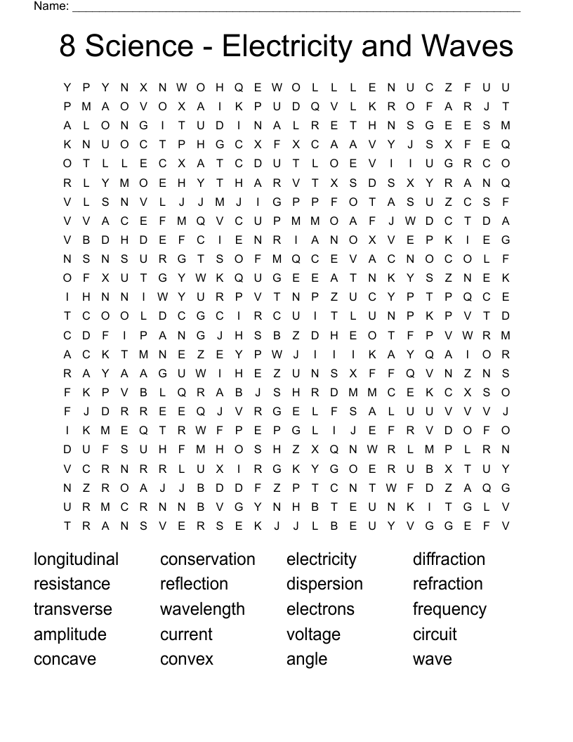 8 Science - Electricity and Waves Word Search