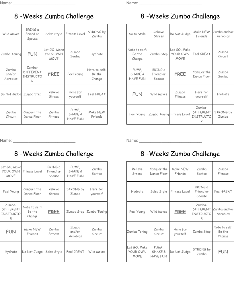 8 -Weeks Zumba Challenge Bingo Cards