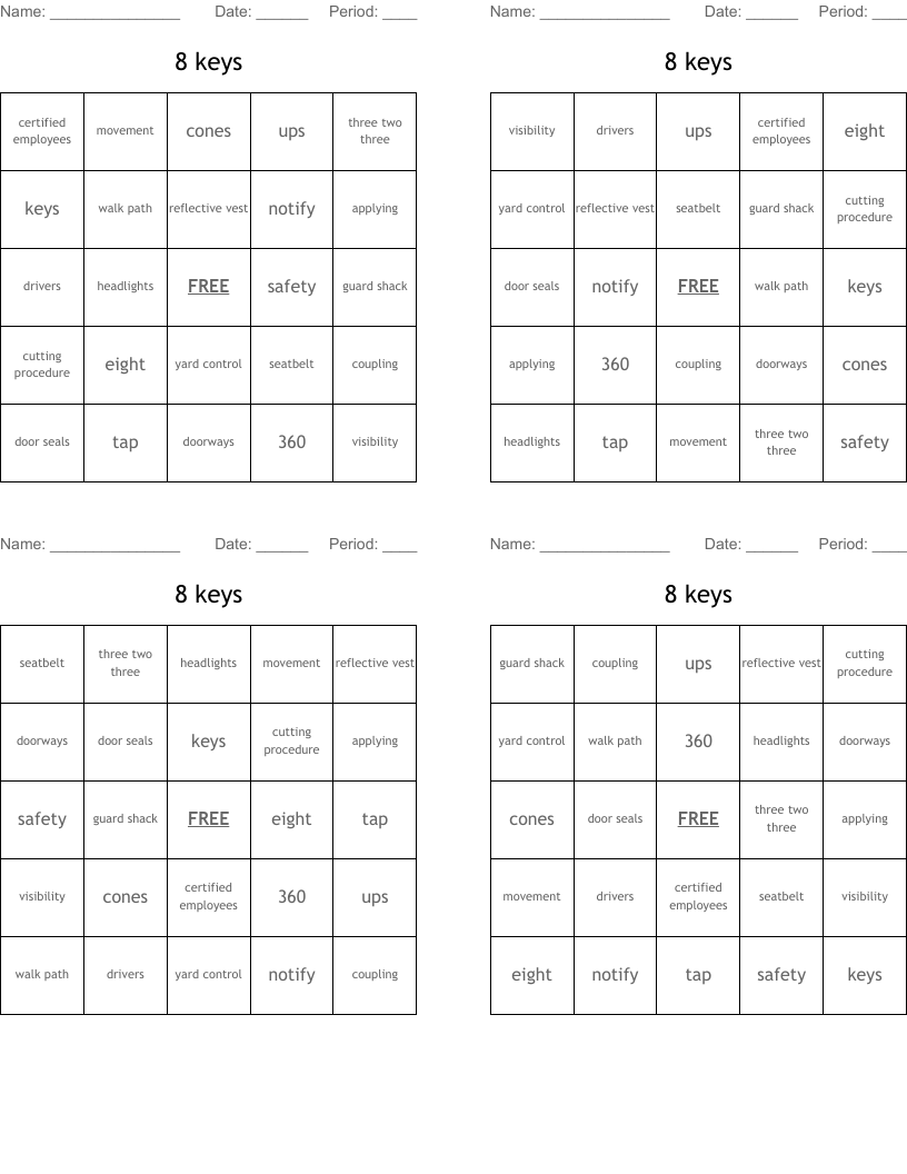 8 keys Bingo Cards