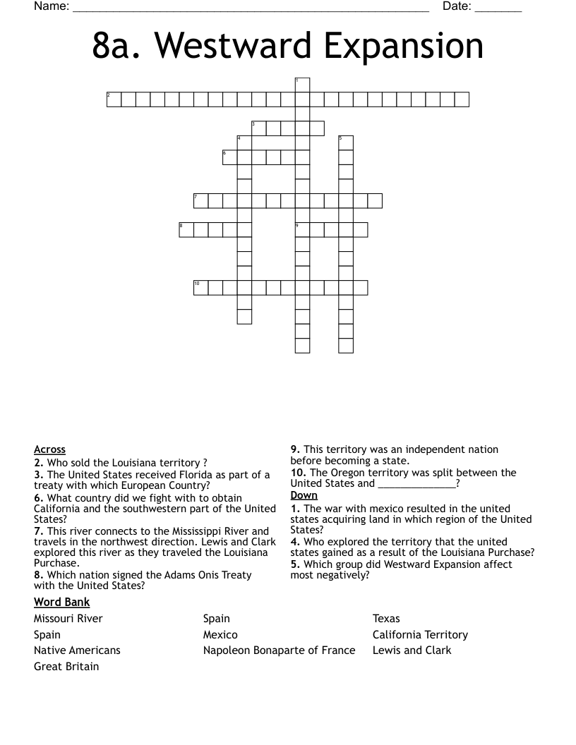 8a. Westward Expansion Crossword