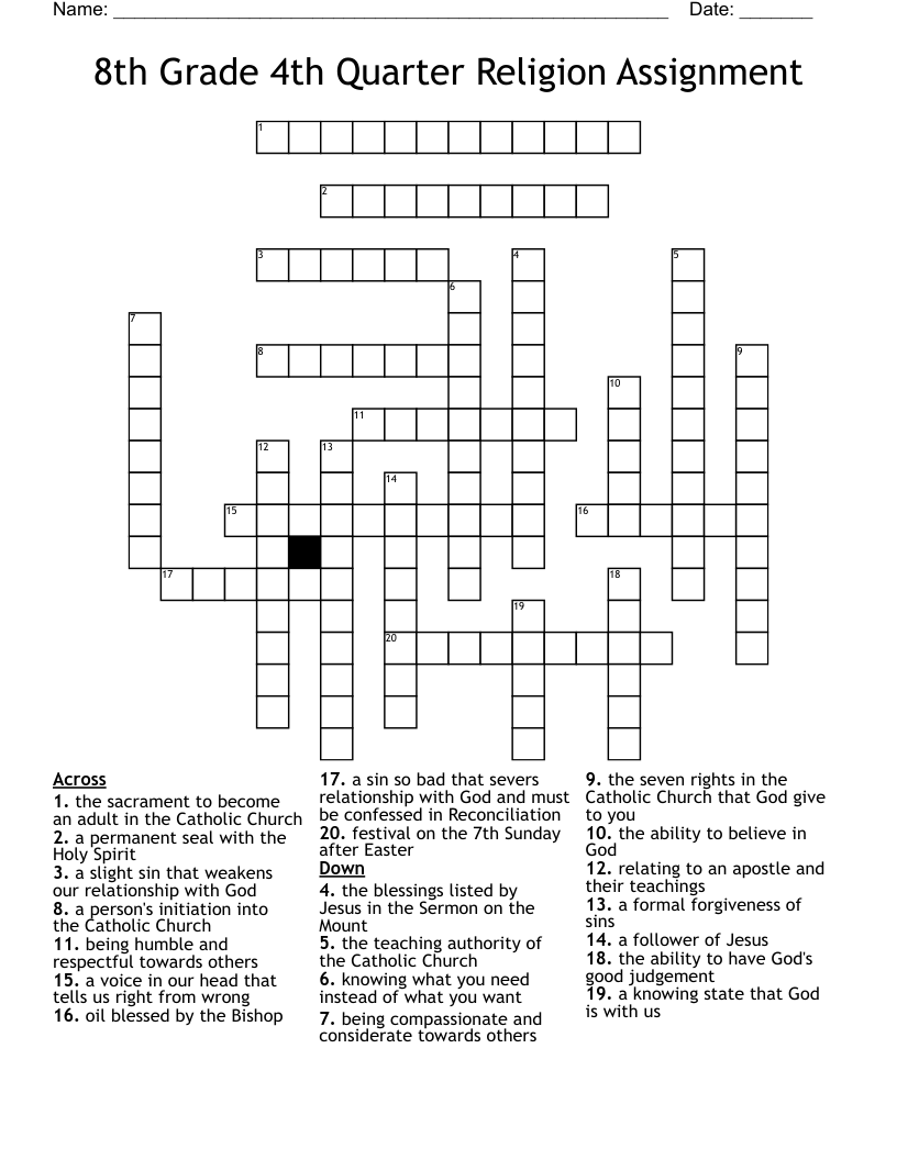 8th Grade 4th Quarter Religion Assignment Crossword