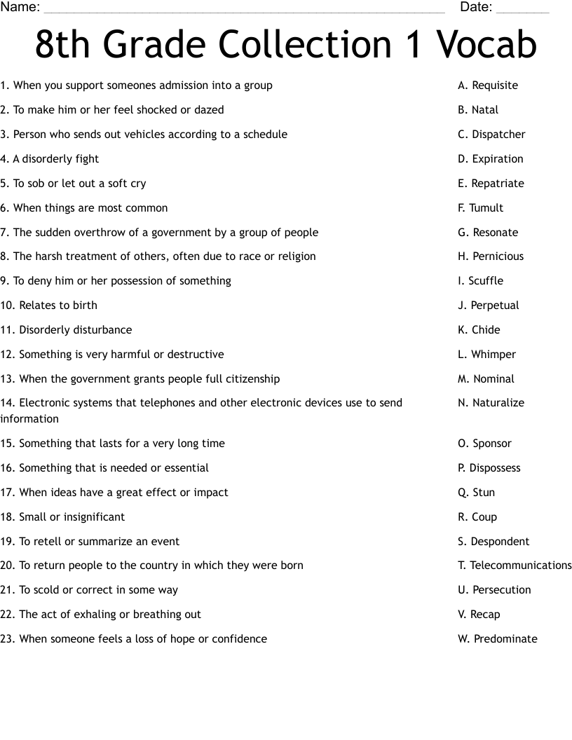 8th Grade Collection 1 Vocab  Worksheet