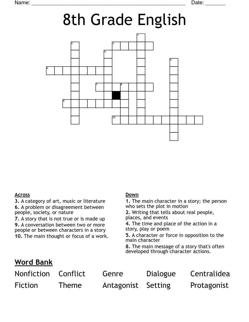 8th Grade English Crossword