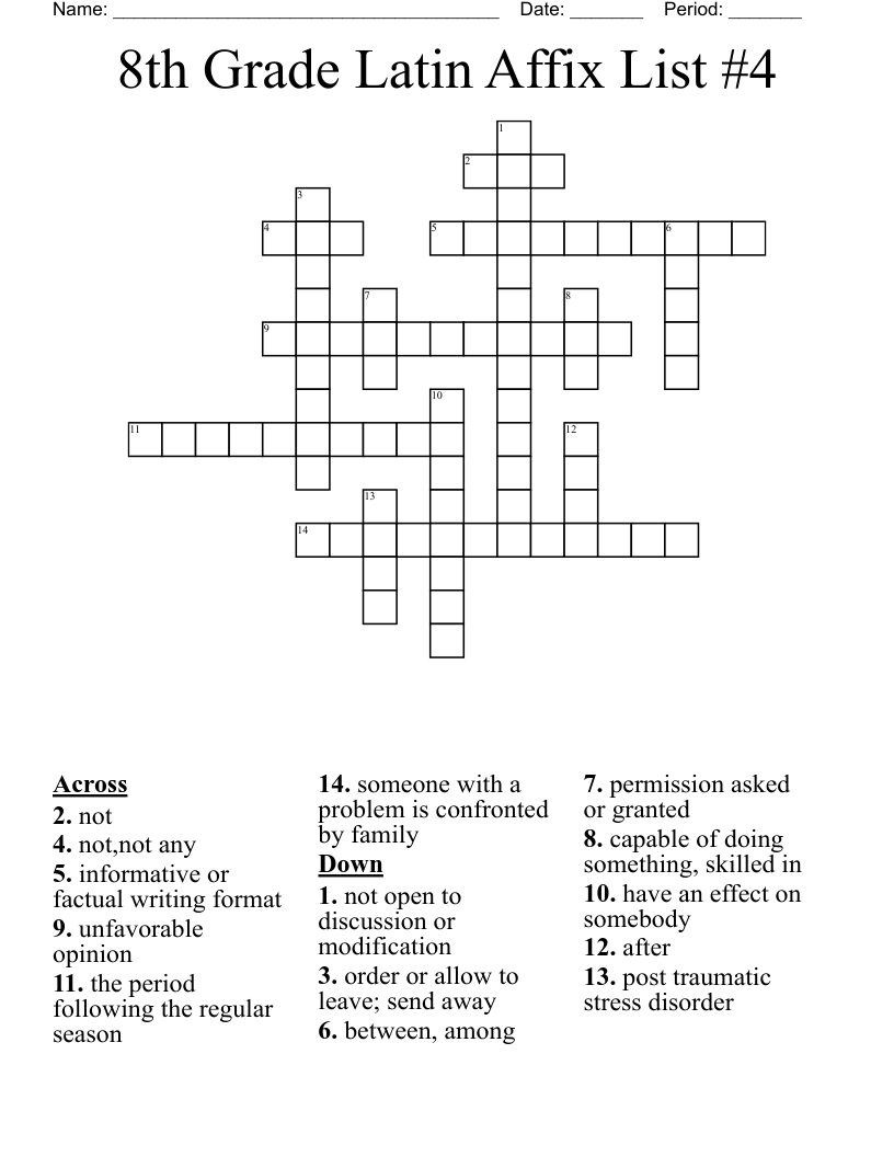 8th Grade Latin Affix List #4 Crossword