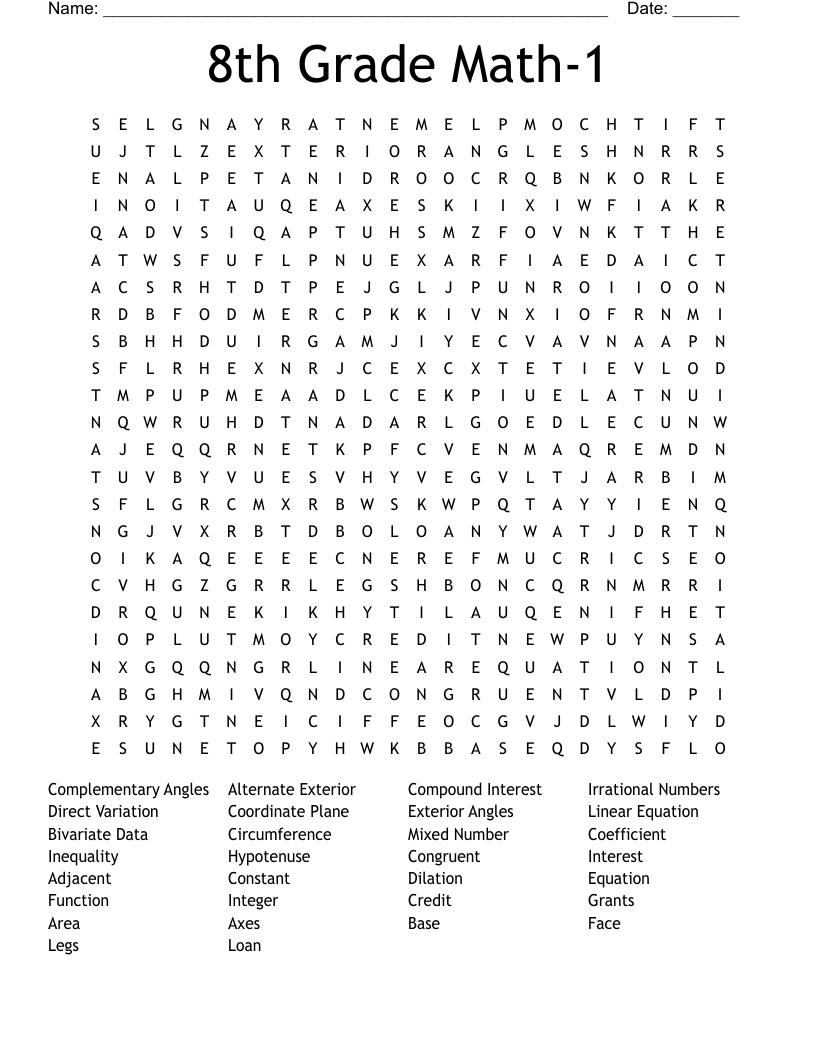 8th Grade Math-1 Word Search