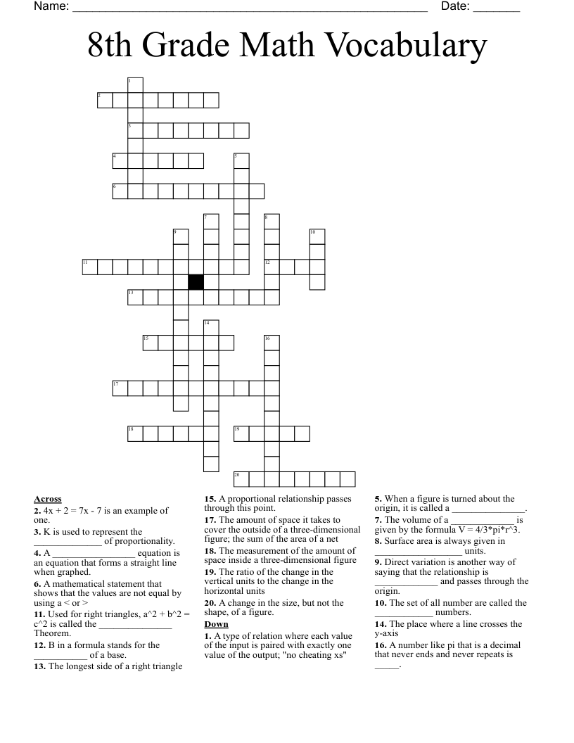 8th Grade Math Vocabulary Crossword