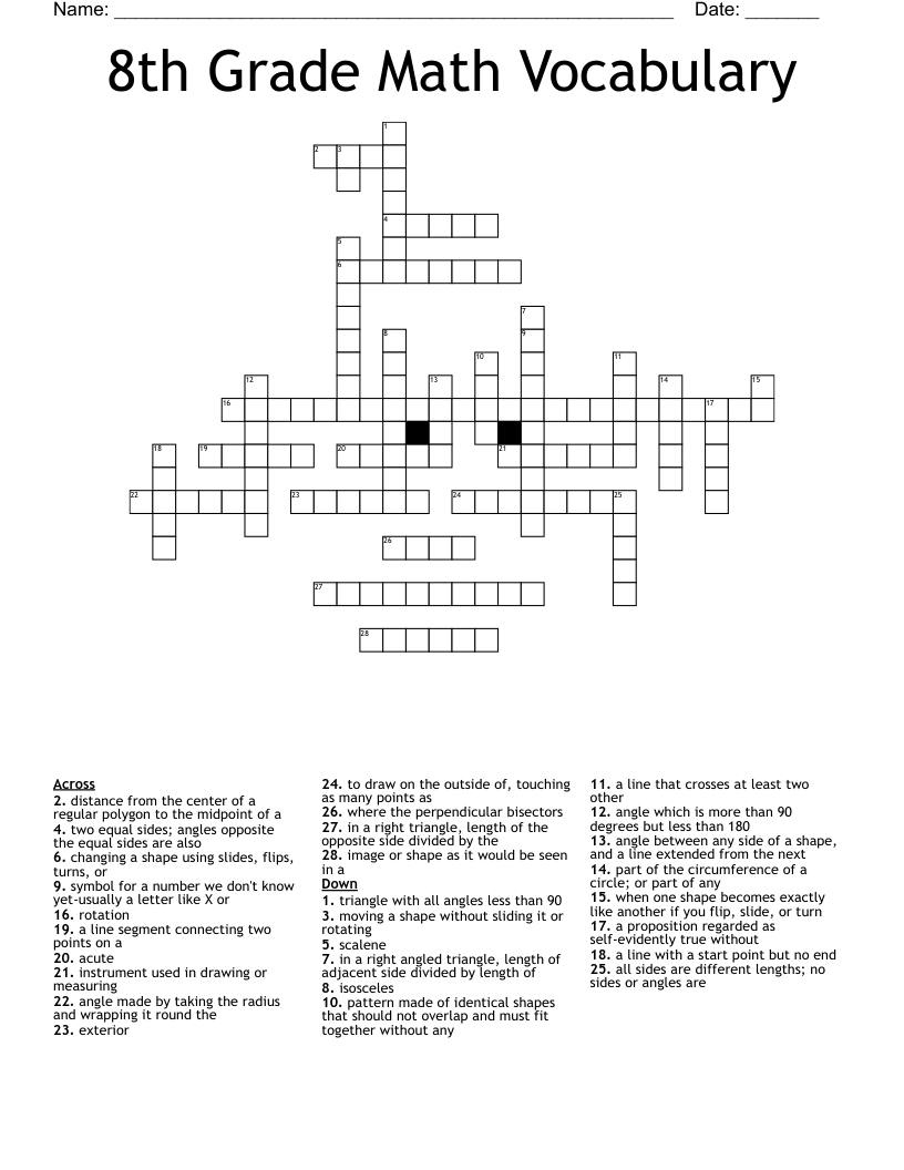 8th Grade Math Vocabulary Crossword