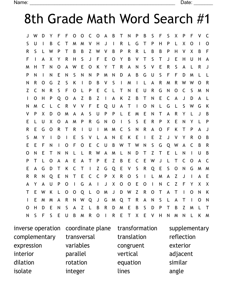 8th Grade Math Word Search #1