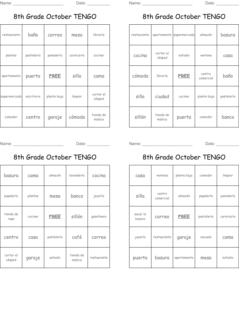8th Grade October TENGO Bingo Cards
