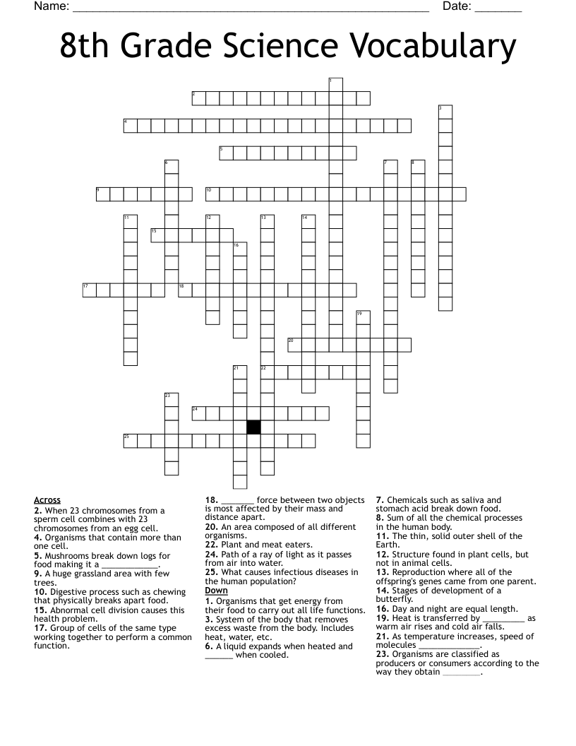 8th Grade Science Vocabulary Crossword