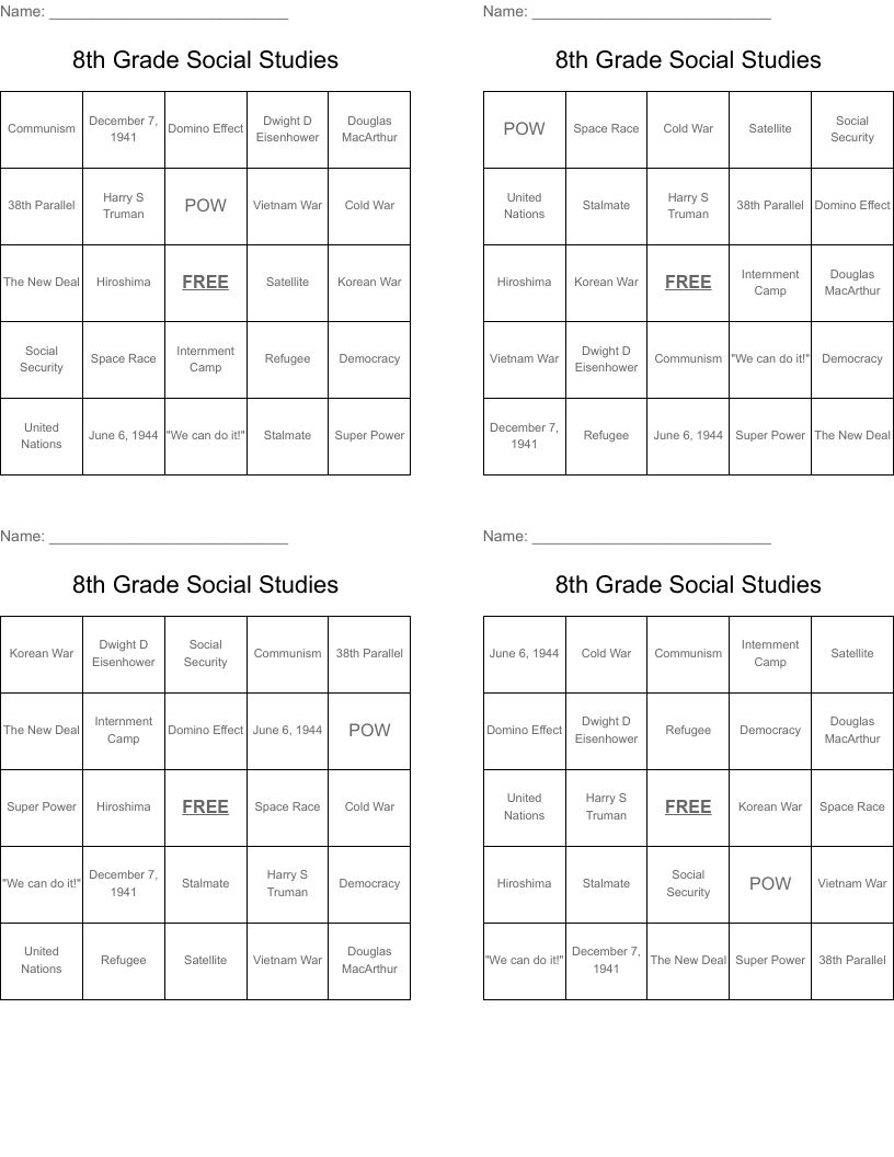 8th Grade Social Studies  Bingo Cards