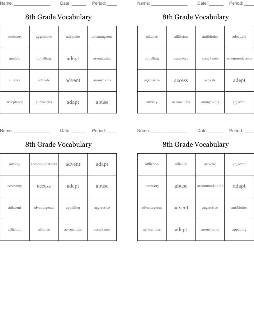 8th Grade Vocabulary Bingo Cards