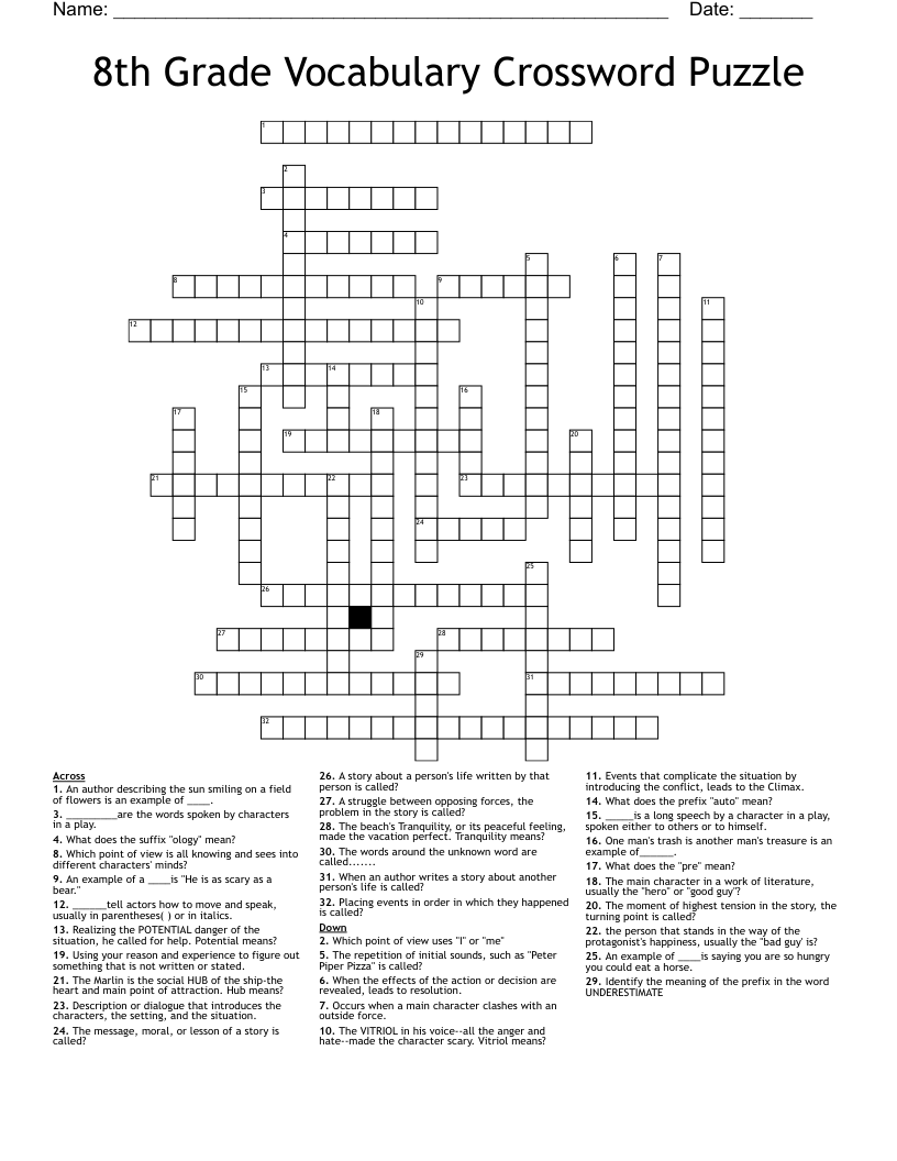 8th Grade Vocabulary Crossword Puzzle