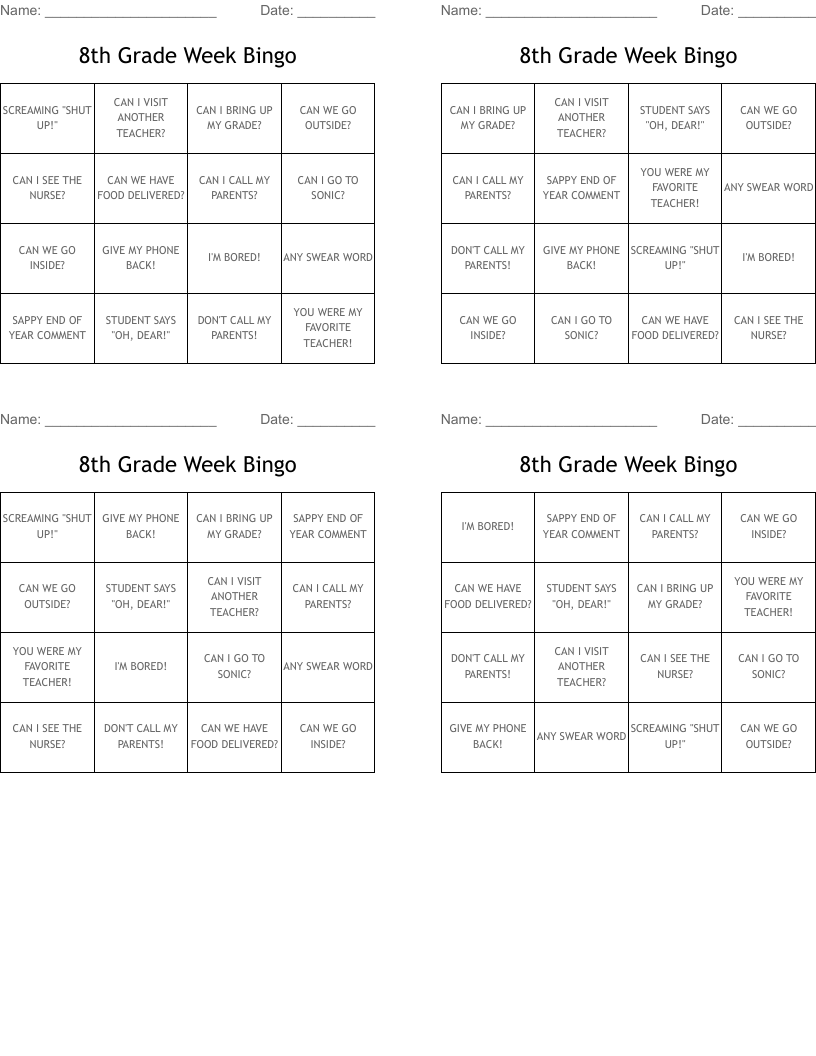 8th Grade Week Bingo