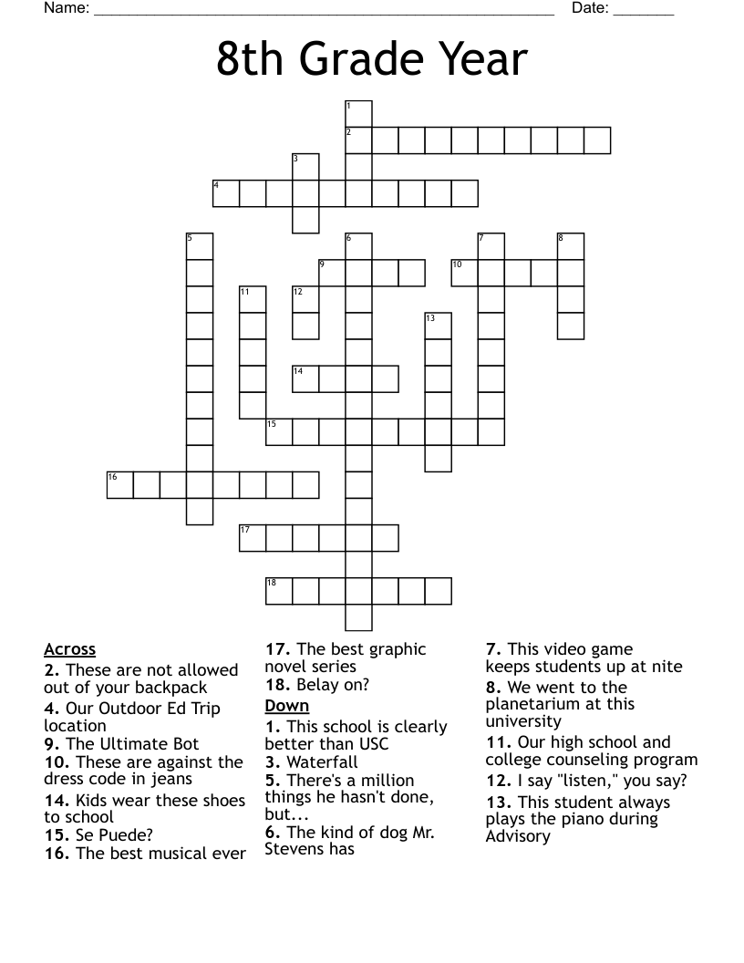 8th Grade Year Crossword