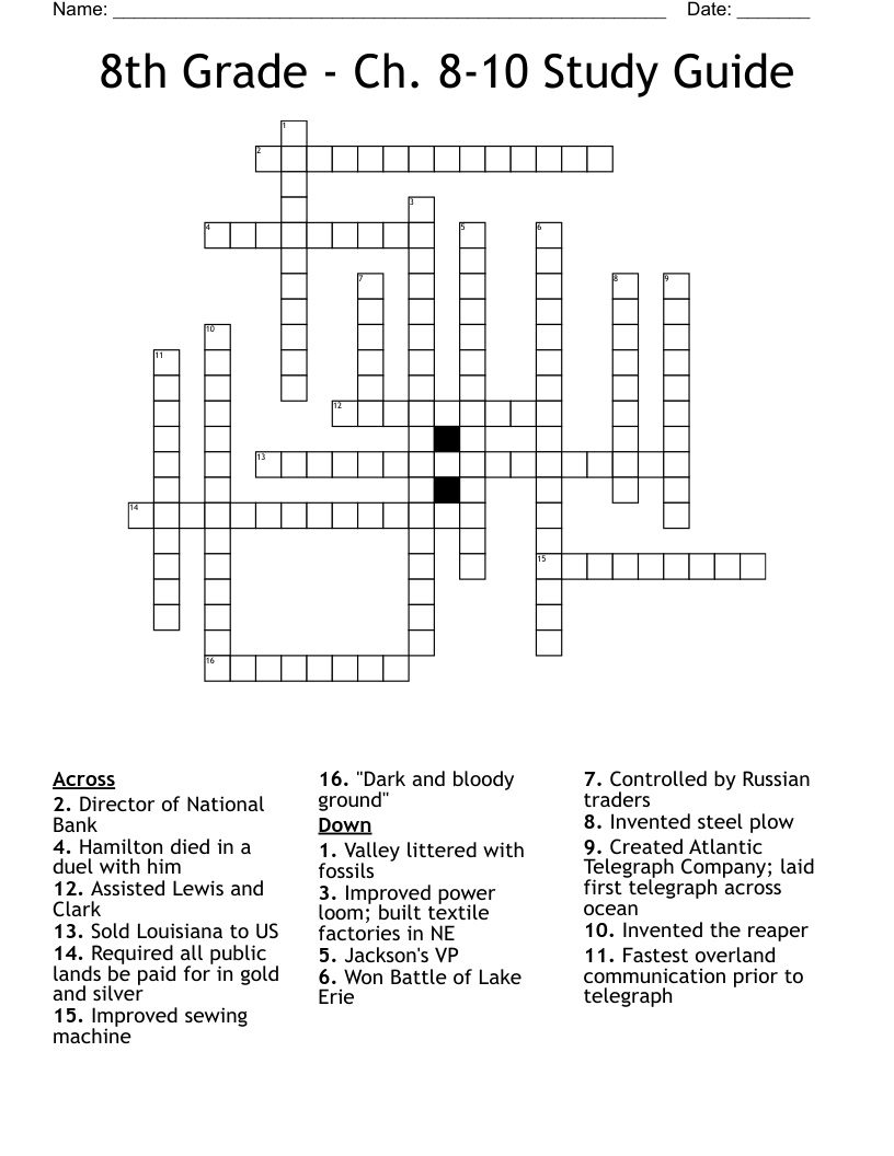 8th Grade - Ch. 8-10 Study Guide  Crossword