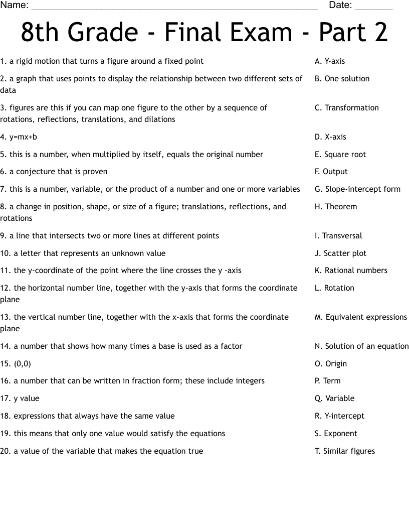 8th Grade - Final Exam - Part 2 Worksheet