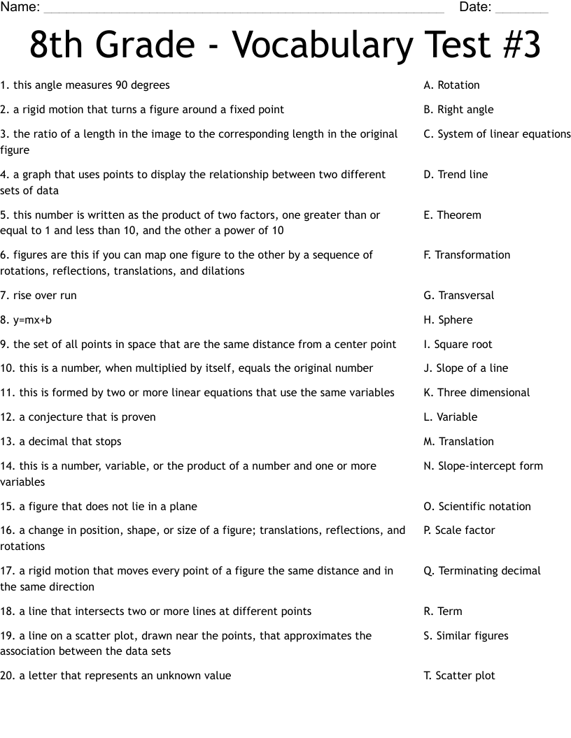8th Grade - Vocabulary Test #3 Worksheet