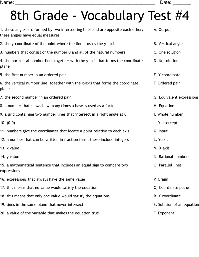 8th Grade - Vocabulary Test #4 Worksheet