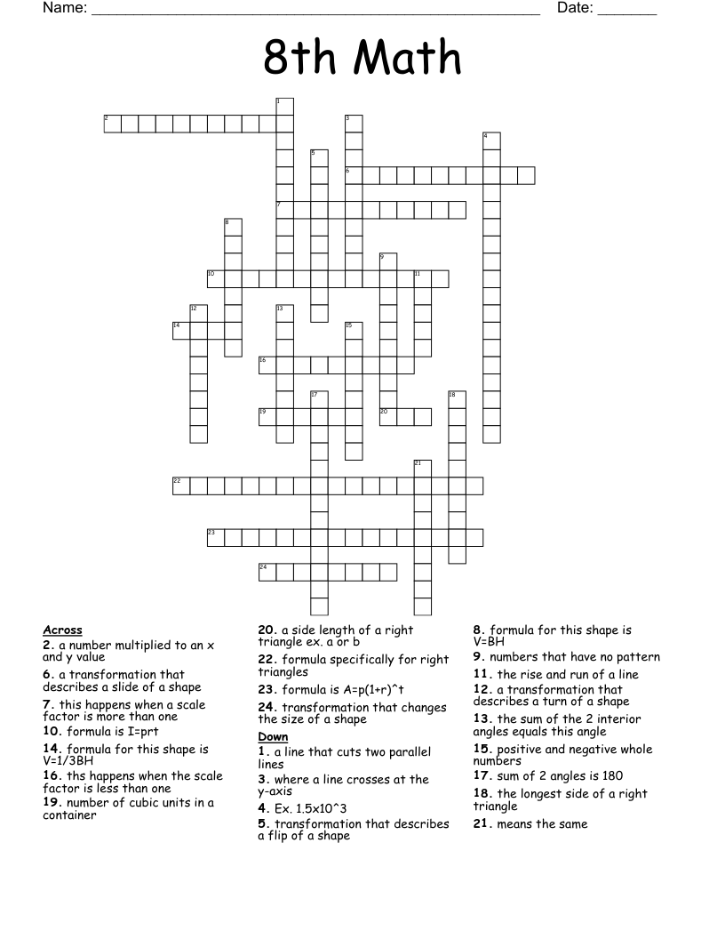 8th Math  Crossword