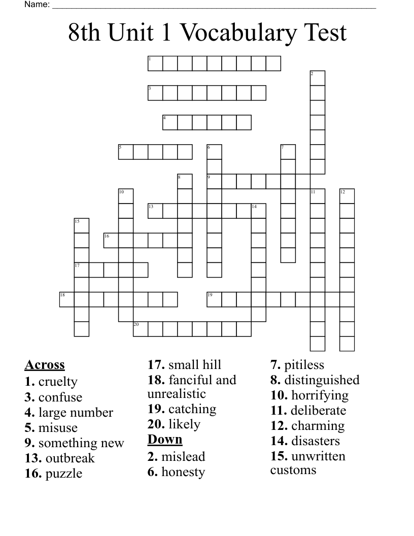 8th Unit 1 Vocabulary Test Crossword