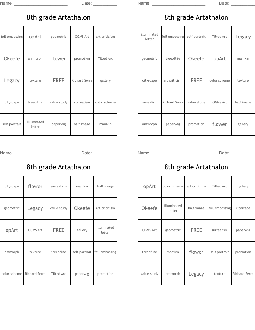 8th grade Artathalon Bingo Cards