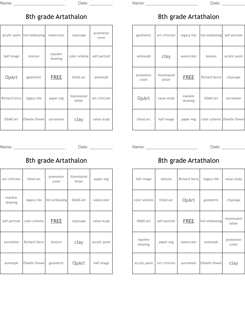 8th grade Artathalon Bingo Cards