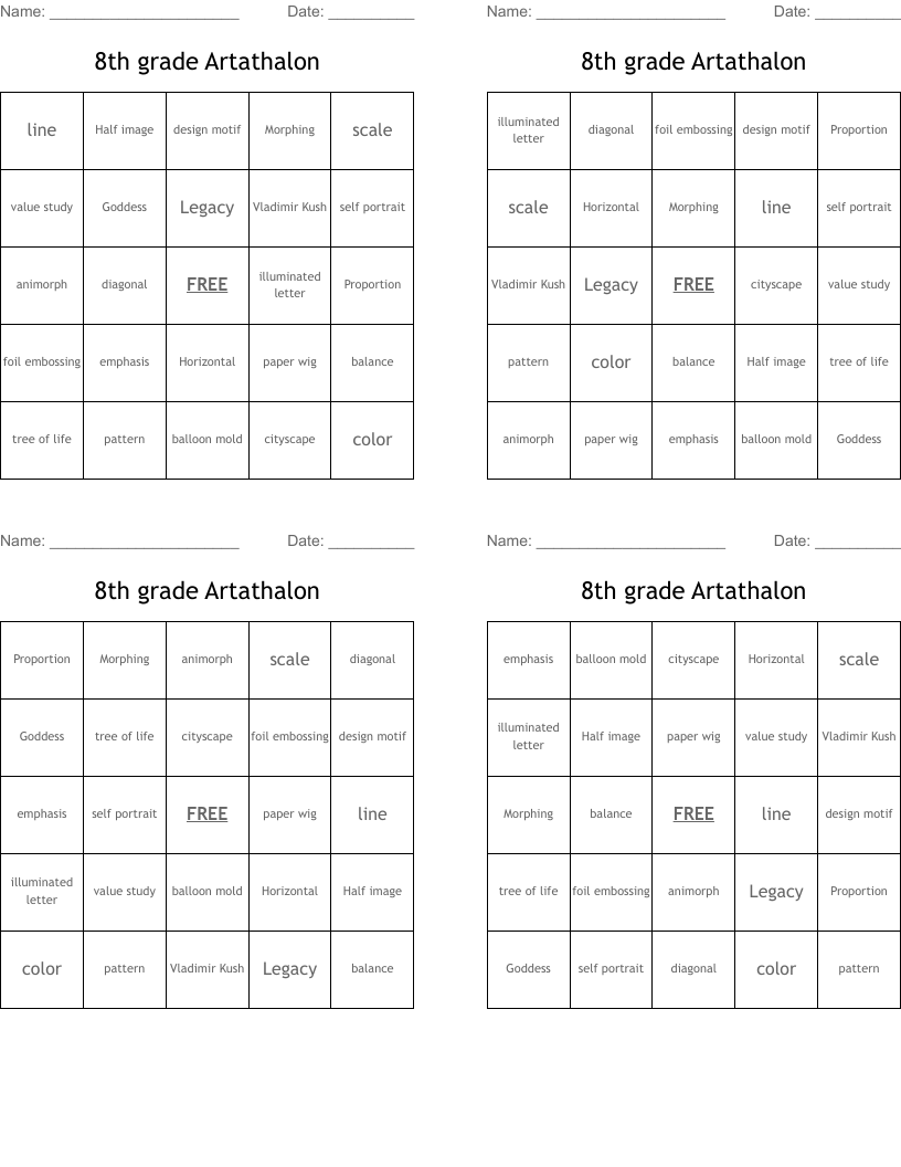 8th grade Artathalon Bingo Cards