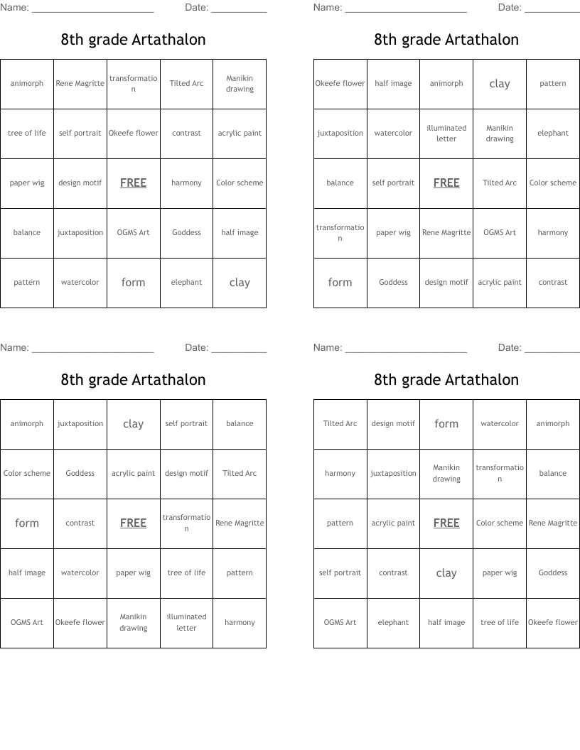8th grade Artathalon Bingo Cards