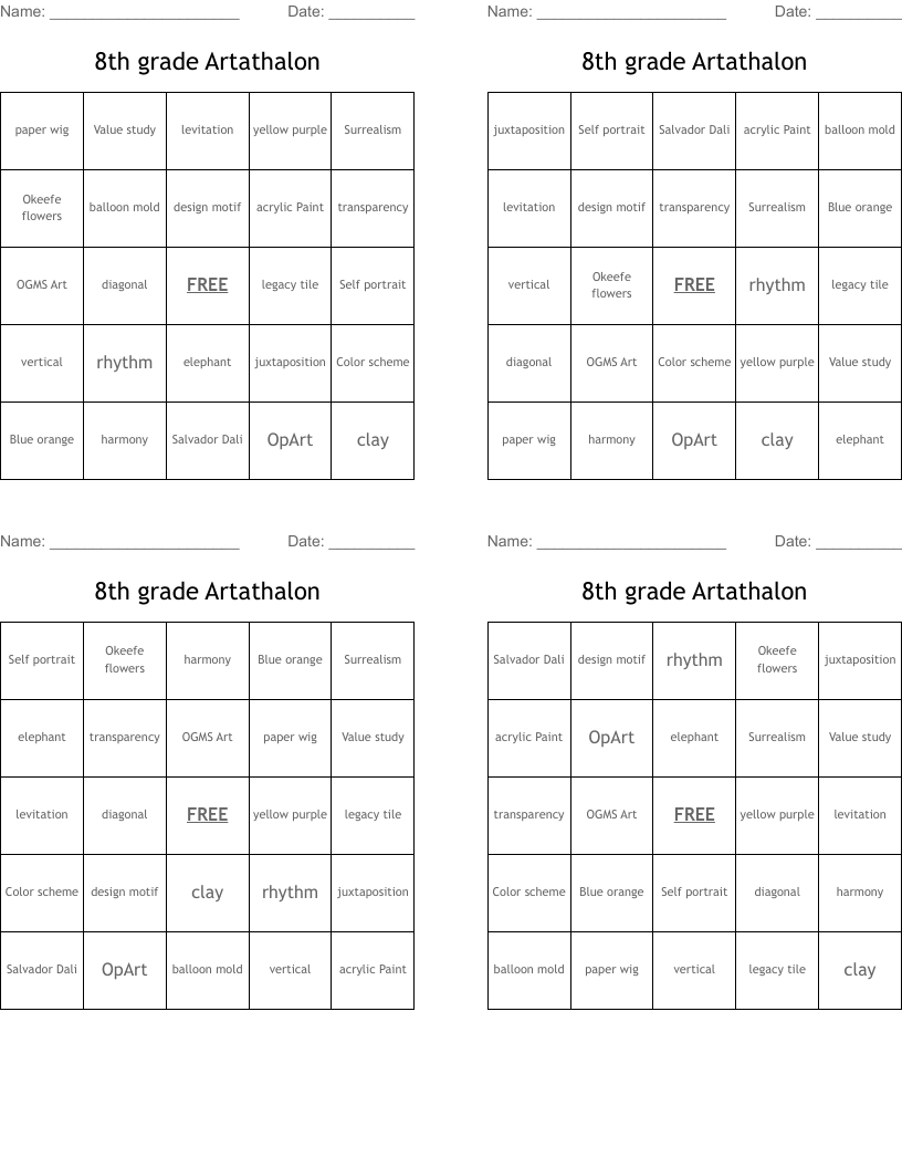 8th grade Artathalon Bingo Cards