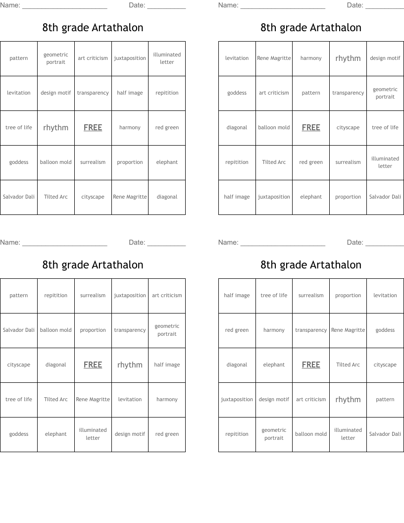 8th grade Artathalon  Bingo Cards