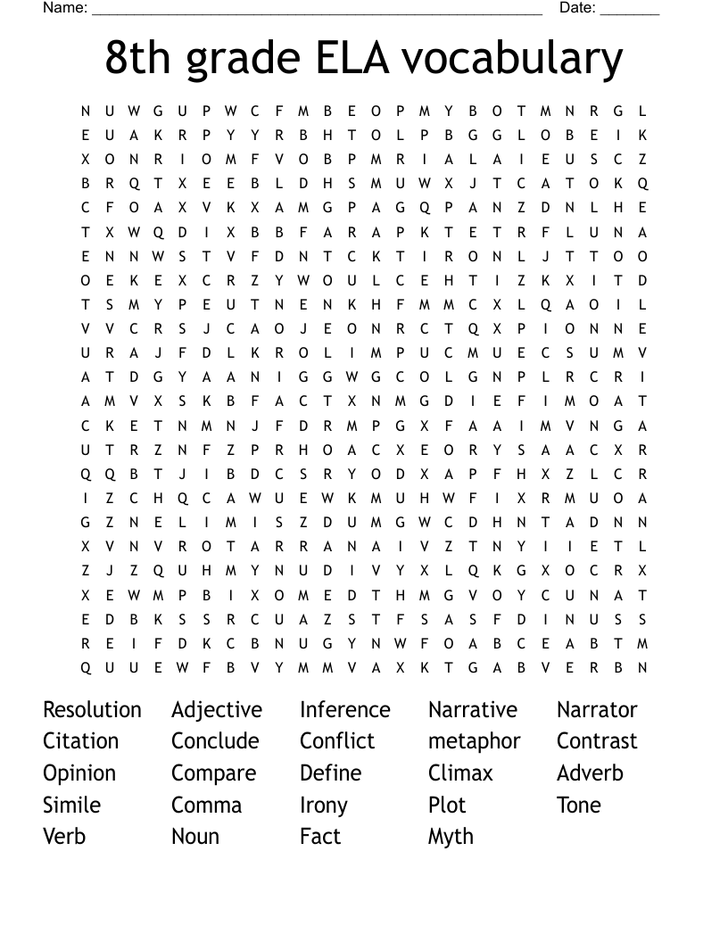 8th grade ELA vocabulary Word Search