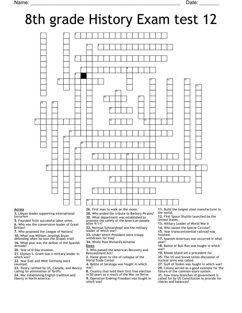 8th grade History Exam test 12 Crossword