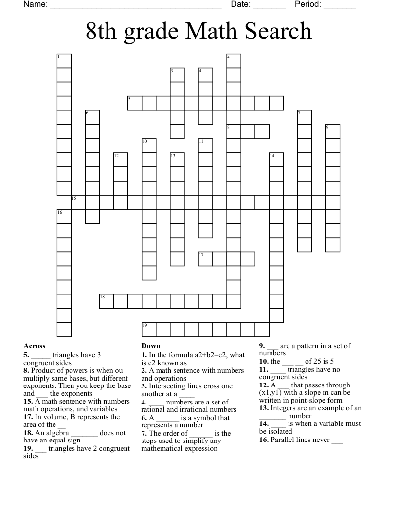 8th grade Math Search Crossword