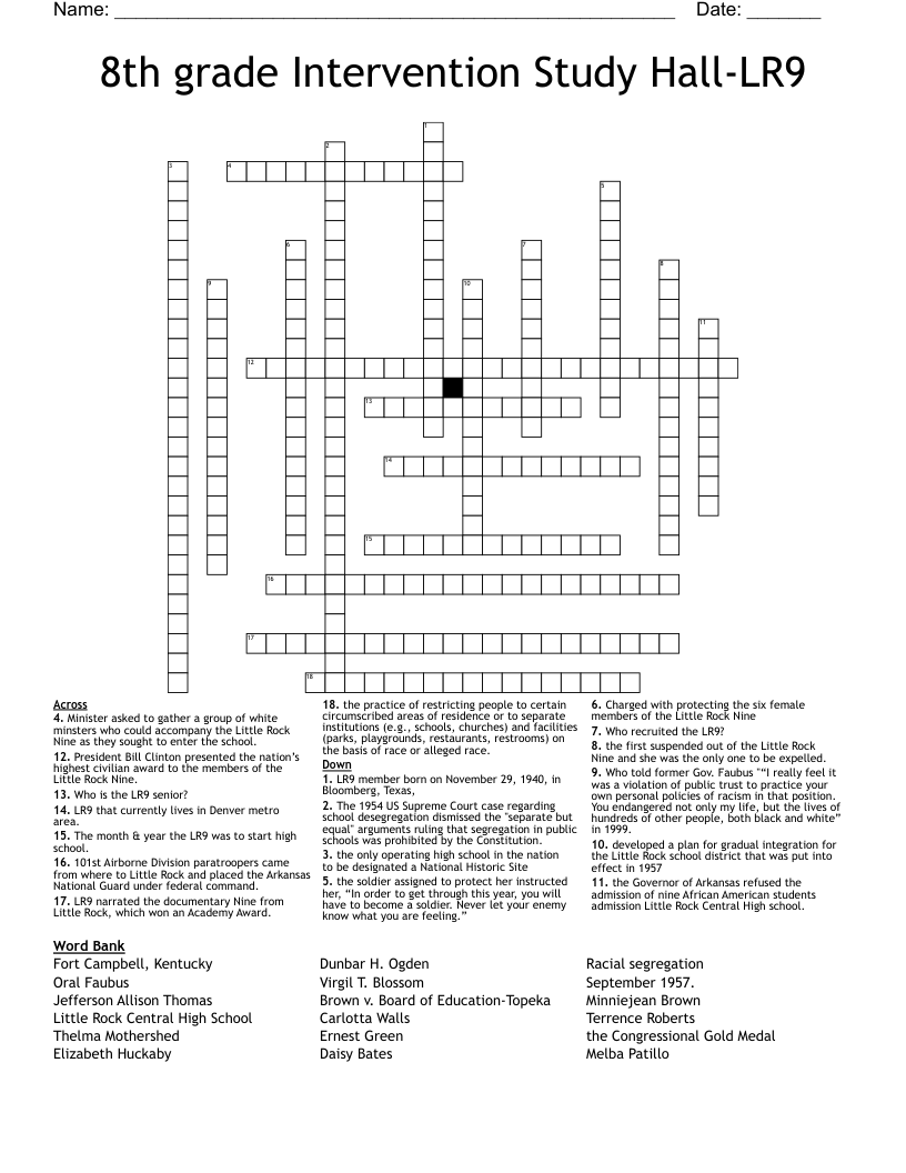 8th grade  Intervention Study Hall-LR9 Crossword