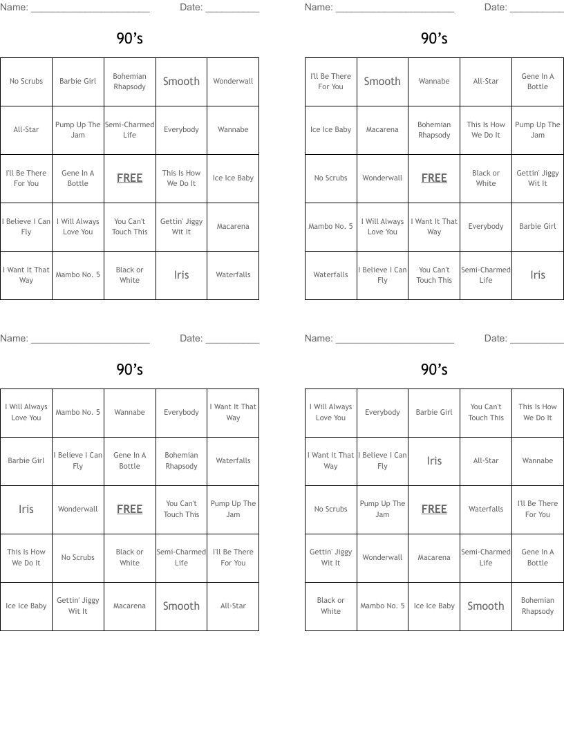 90’s Bingo Cards